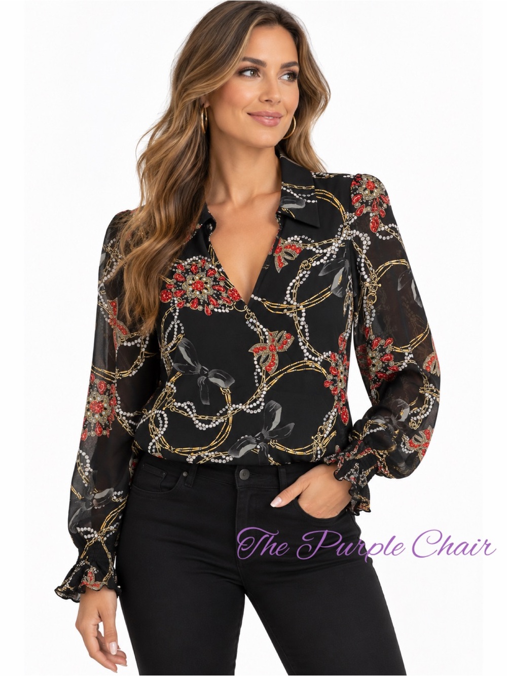 WHITE HOUSE BLACK MARKET NWT Long Sleeve Jewels & Bows V-Neckline Blouse L